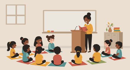 Obraz premium African female teacher reading to diverse group of young children in classroom setting. Vector illustration