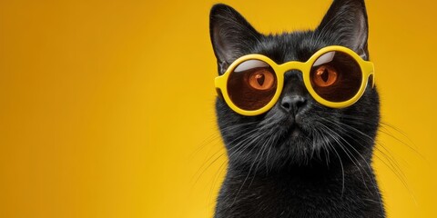 Fototapeta premium Cute Black British Furry Cat Wearing Fashion Sunglasses on Bright Yellow Background