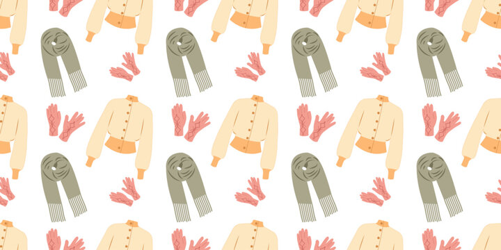 Fall outfit seamless pattern featuring scarves, sweaters and gloves in flat style. Autumn vector illustration for branding and social media
