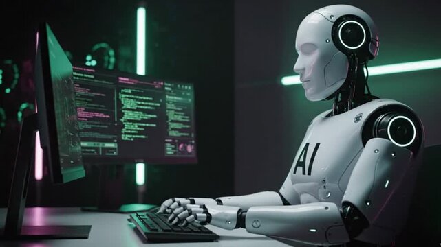 Humanoid robot working at the computer with two monitors