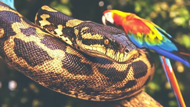 Snake and parrot close up