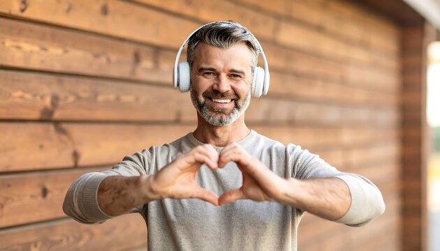 Man smiling with headphones and heart shape