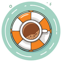 Refreshing coffee cup in lifebuoy floating on calm water illustration