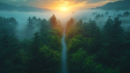 Mystical Sunrise over Foggy Forest Path