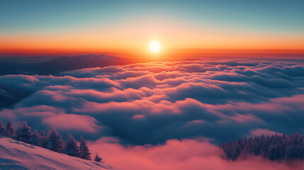 Majestic Sunset Over a Sea of Clouds from a Snowy Mountain Peak