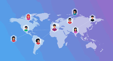 Global network: diverse people icons on world map with dotted connections. Vector illustration
