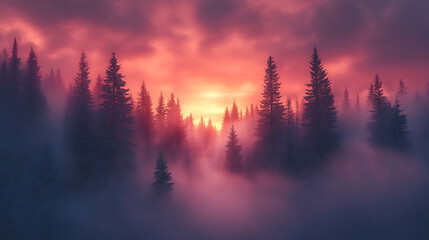 Enchanting Sunset over Misty Pine Forest