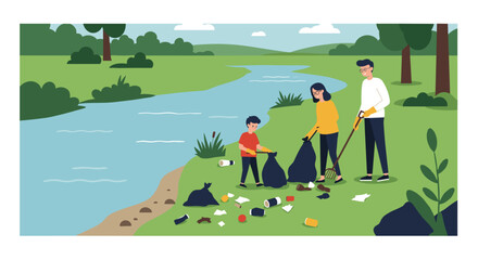 Family volunteers cleaning riverside, collecting litter in bags, caucasian adults and child. Vector illustration
