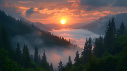 Majestic Sunset over Misty Mountain Valley