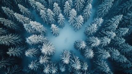 Snowy forest canopy seen from above.