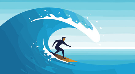 Obraz premium Male surfer riding giant ocean wave in vibrant blue seascape. Vector illustration