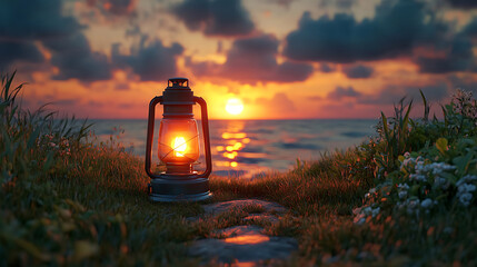 Illuminated Path A Sunset Seascape with a Lighted Lantern