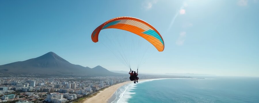 Tandem paraglider soaring over Las Palmas de Gran Canaria, Spain. Two people experience thrilling aerial adventure above coastal city, sandy beach, blue ocean. Clear sky offers stunning urban