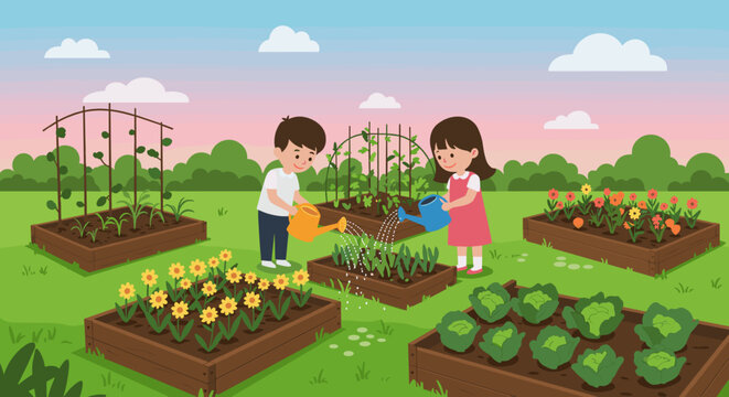 Children gardening in vegetable patch at sunset with watering cans. Vector illustration