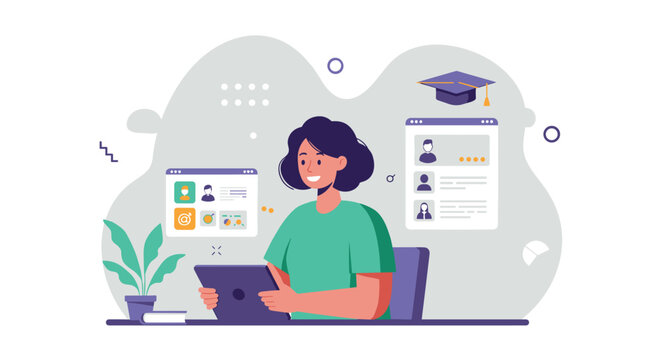 Hispanic female adult using tablet for online learning and job applications. Vector illustration