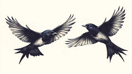 Fototapeta premium Two Elegant Swallows in Flight A Hand-Drawn Illustration