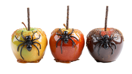 Caramel Apples with Spider Decorations on Transparent