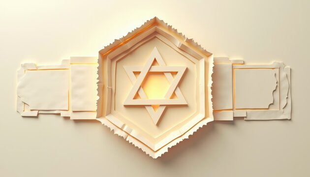 Sacred geometric Star of David illuminated in textured ivory and warm beige layers, symbolizing unity and divine presence for Yom Kippur.