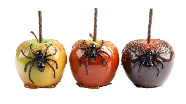 Caramel Apples with Spider Decorations on Transparent