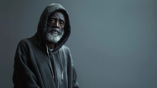Elderly African American man with gray beard wearing a dark hoodie stands against a soft gray background, conveying a sense of wisdom and resilience in a contemplative pose - Powered by Adobe