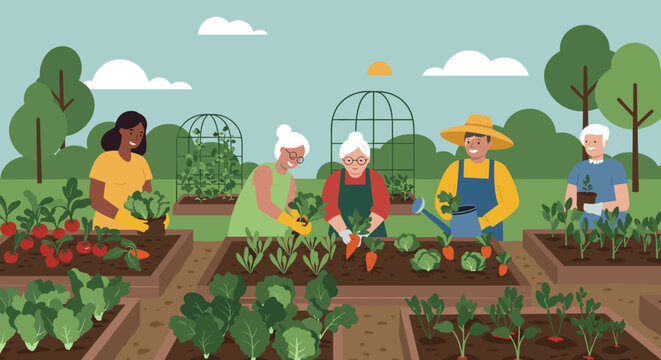 Diverse group of elderly adults gardening together in a community garden setting. Vector illustration