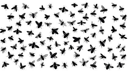 A multitude of black silhouettes of flies on a white background