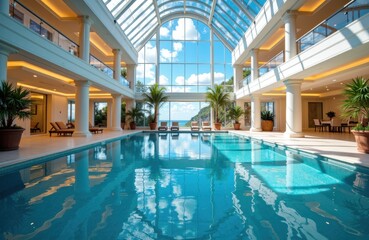 Indoor swimming pool with large glass ceiling and surrounding lounge area featuring potted plants
