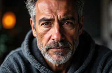 Obraz premium Close-up of a mature man with gray hair and beard looking serious in a dimly lit environment