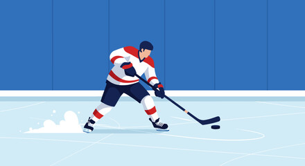 Male hockey player on ice rink in action with stick and puck. Vector illustration