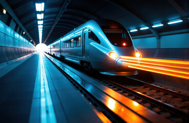 Fototapeta premium High-speed train moving through a modern underground tunnel with bright lighting and motion blur