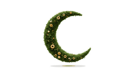 Elegant crescent moon crafted from green vegetation and embellished with golden ornaments, a symbolic representation of growth and celebration