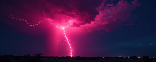 Crimson lightning bolt streaks across inky black night sky, light, storm