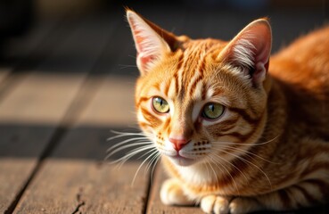 A ginger tabby cat relaxing on a wooden surface with sunlight highlighting its fur