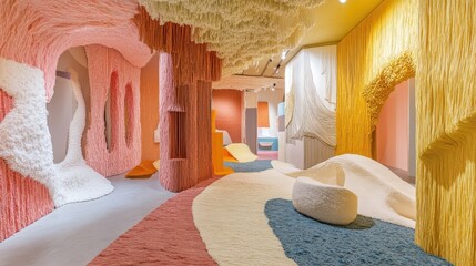 Colorful textured interior design with soft furnishings.