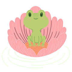 Cartoon Frog Sitting in lotus flower Illustration