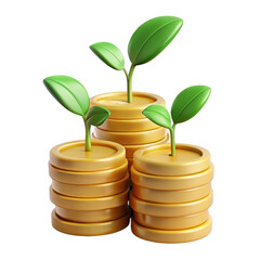 3d growing money stacks with green sprouts isolated on transparent background