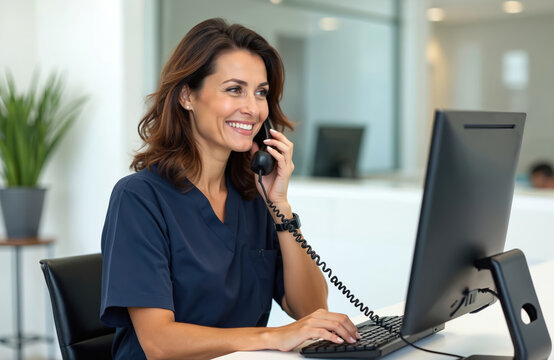 Smiling woman in blue scrubs talks on phone at reception desk. Professional healthcare worker, nurse, medical staff member. Bright modern office setting shows efficiency, warmth in patient