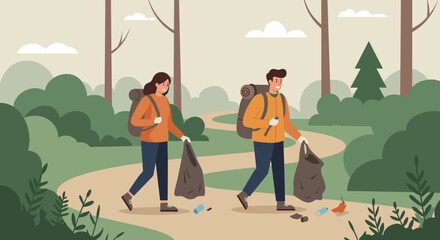 Young caucasian adults cleaning forest trail with backpacks and trash bags. Vector illustration