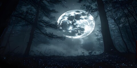 Fototapeta premium A scary view in a dark forest with full moonlight.