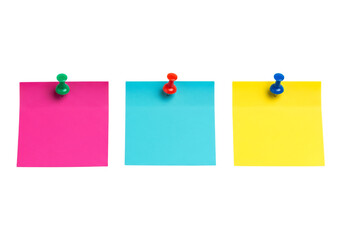 Three colorful sticky notes, pink, cyan, and yellow, with push pins. Isolated on transparent background, png