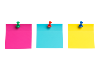 Three colorful sticky notes, pink, cyan, and yellow, with push pins. Isolated on transparent background, png