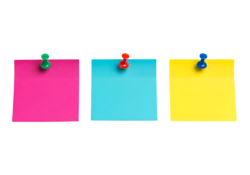 Three colorful sticky notes, pink, cyan, and yellow, with push pins. Isolated on transparent background, png