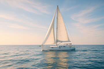 Fototapeta premium A white sailboat glides across calm waters under a clear sky. The sails are fully extended, catching the gentle breeze. The scene conveys tranquility and adventure.