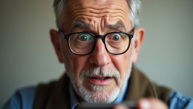 Un anciano con rostro desconcertado y ligeramente asustado, frente arrugada y cejas levantadas, sosteniendo un tel&eacute;fono