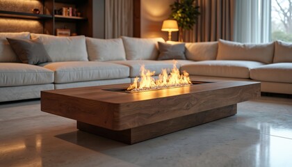 Modern wooden bio ethanol fireplace coffee table with natural wood grain. Contemporary furniture piece adds warmth, elegance to luxury living rooms, creating cosy focal point with flickering flames,