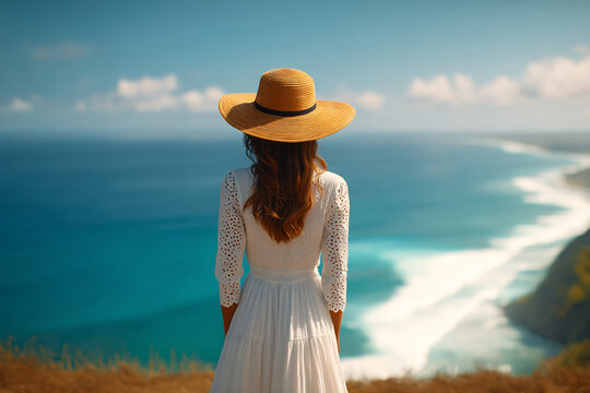 woman on cliff with ocean view wearing sunhat - Powered by Adobe
