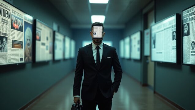 Hombre con traje de negocios y una pantalla de tel&eacute;fono inteligente como rostro, de pie en un pasillo interminable de titulares distorsionados y est&aacute;tica