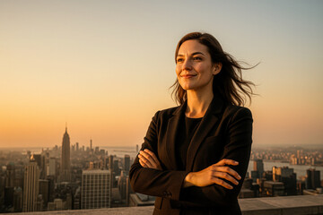High-resolution photo of a confident woman in a black blazer standing on a rooftop at sunrise, arms crossed, overlooking a city skyline. Her subtle smile reflects a sense of calm power, optimism