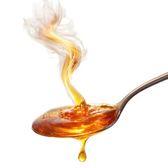 Golden Honey Swirl on Spoon with Glowing Steam Effect Isolated on Transparent Background

