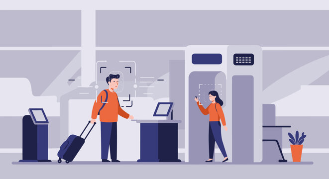Caucasian male and asian female travelers using airport security checkpoint. Vector illustration